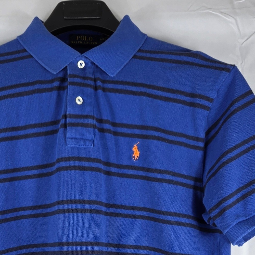 Polo Ralph Lauren Mens Large Blue Striped Short Sleeve Pique Polo Shirt Orange